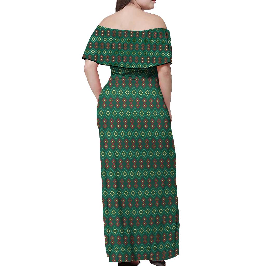 Sacred Heart Jesus Christmas Off Shoulder Maxi Dress with Festive Green Knit Pattern - Wonder Print Shop