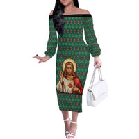 Sacred Heart Jesus Christmas Off The Shoulder Long Sleeve Dress with Festive Green Knit Pattern - Wonder Print Shop