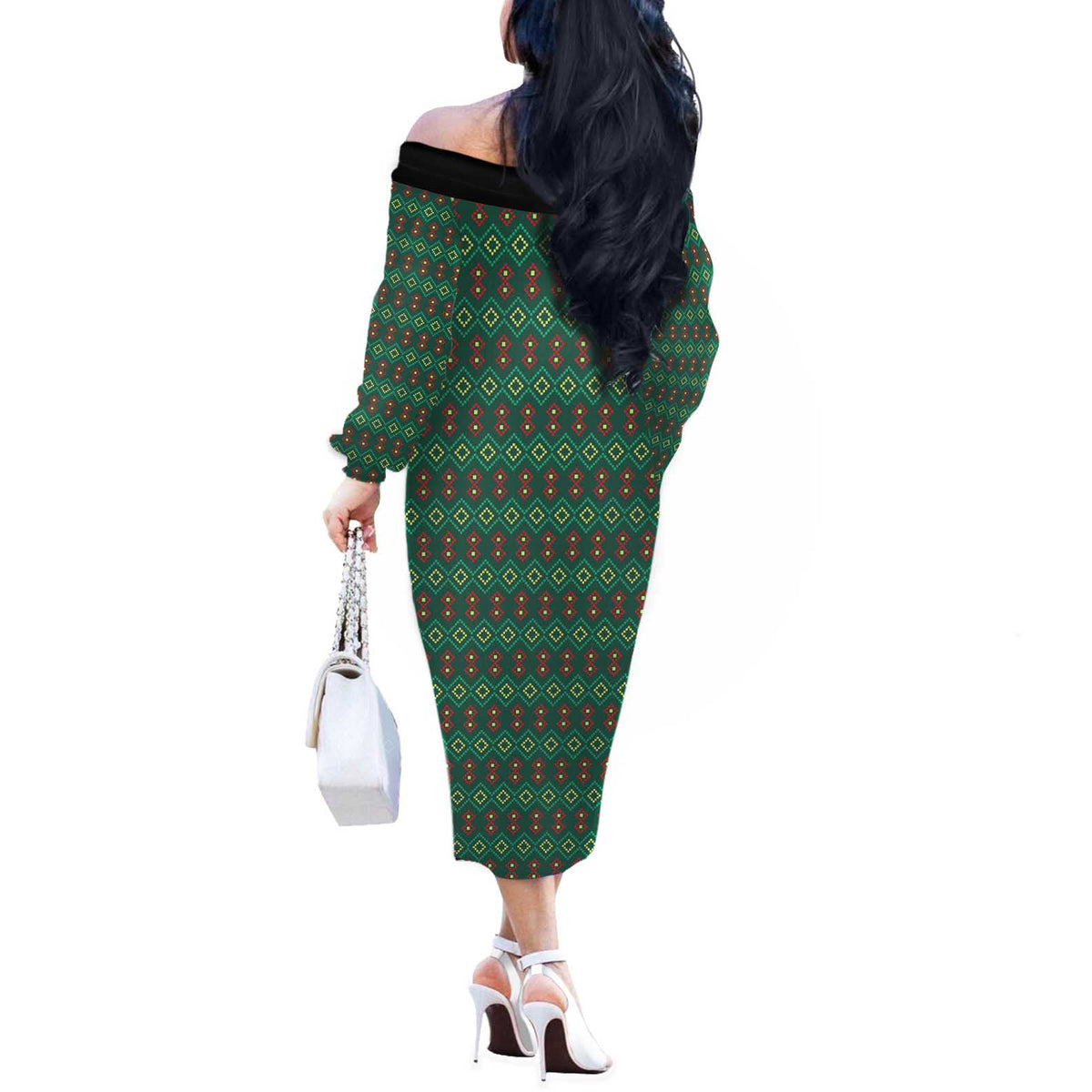 Sacred Heart Jesus Christmas Off The Shoulder Long Sleeve Dress with Festive Green Knit Pattern - Wonder Print Shop