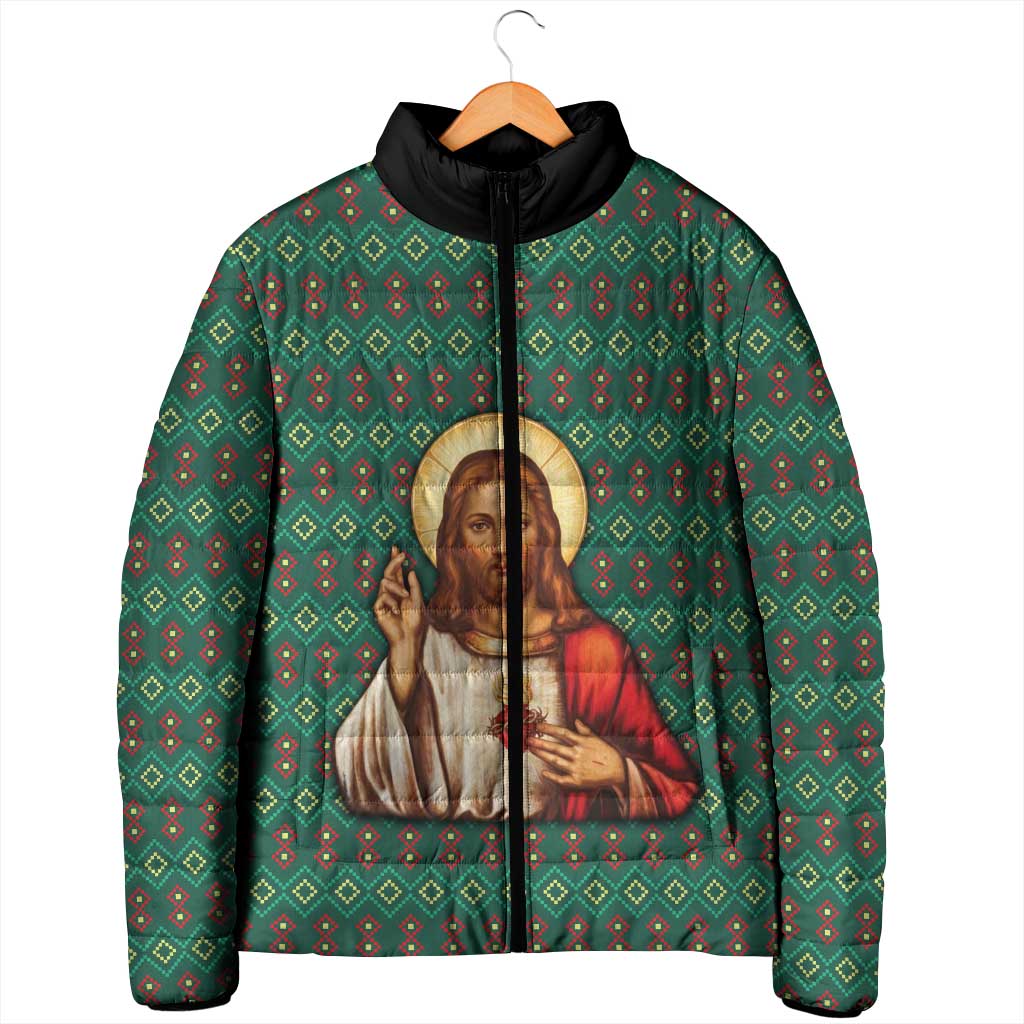 Sacred Heart Jesus Christmas Padded Jacket with Festive Green Knit Pattern - Wonder Print Shop