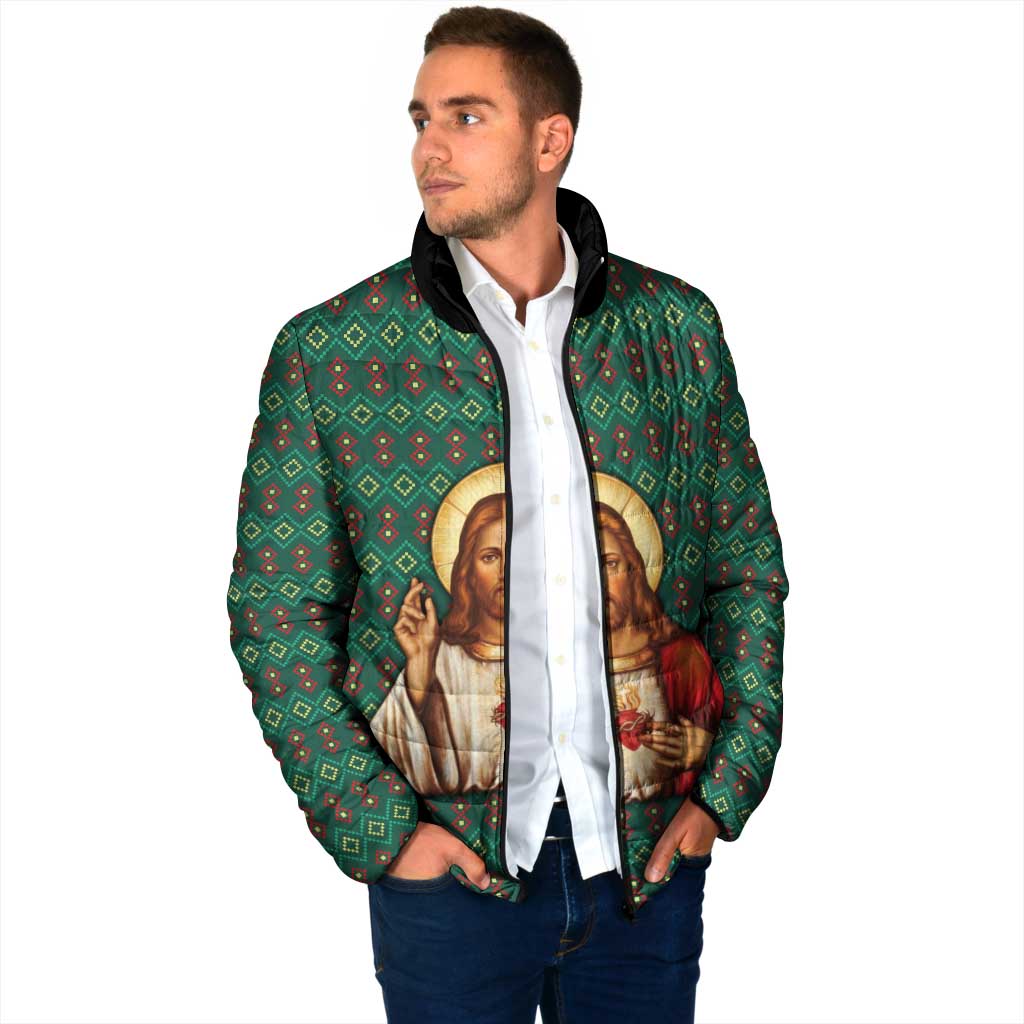 Sacred Heart Jesus Christmas Padded Jacket with Festive Green Knit Pattern - Wonder Print Shop
