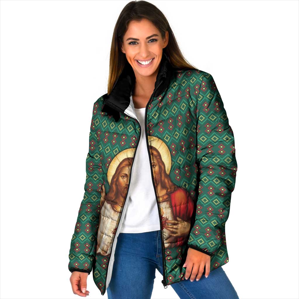 Sacred Heart Jesus Christmas Padded Jacket with Festive Green Knit Pattern - Wonder Print Shop