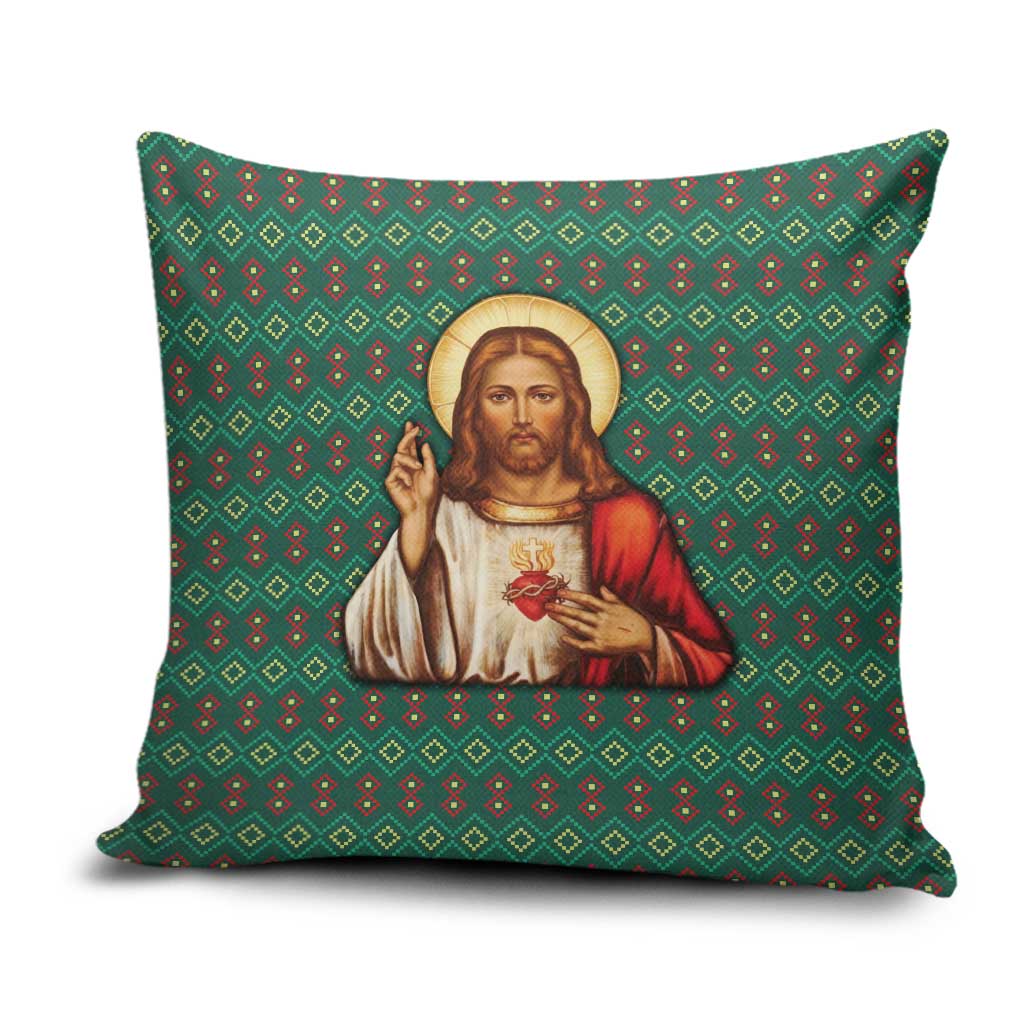 Sacred Heart Jesus Christmas Pillow Cover with Festive Green Knit Pattern - Wonder Print Shop