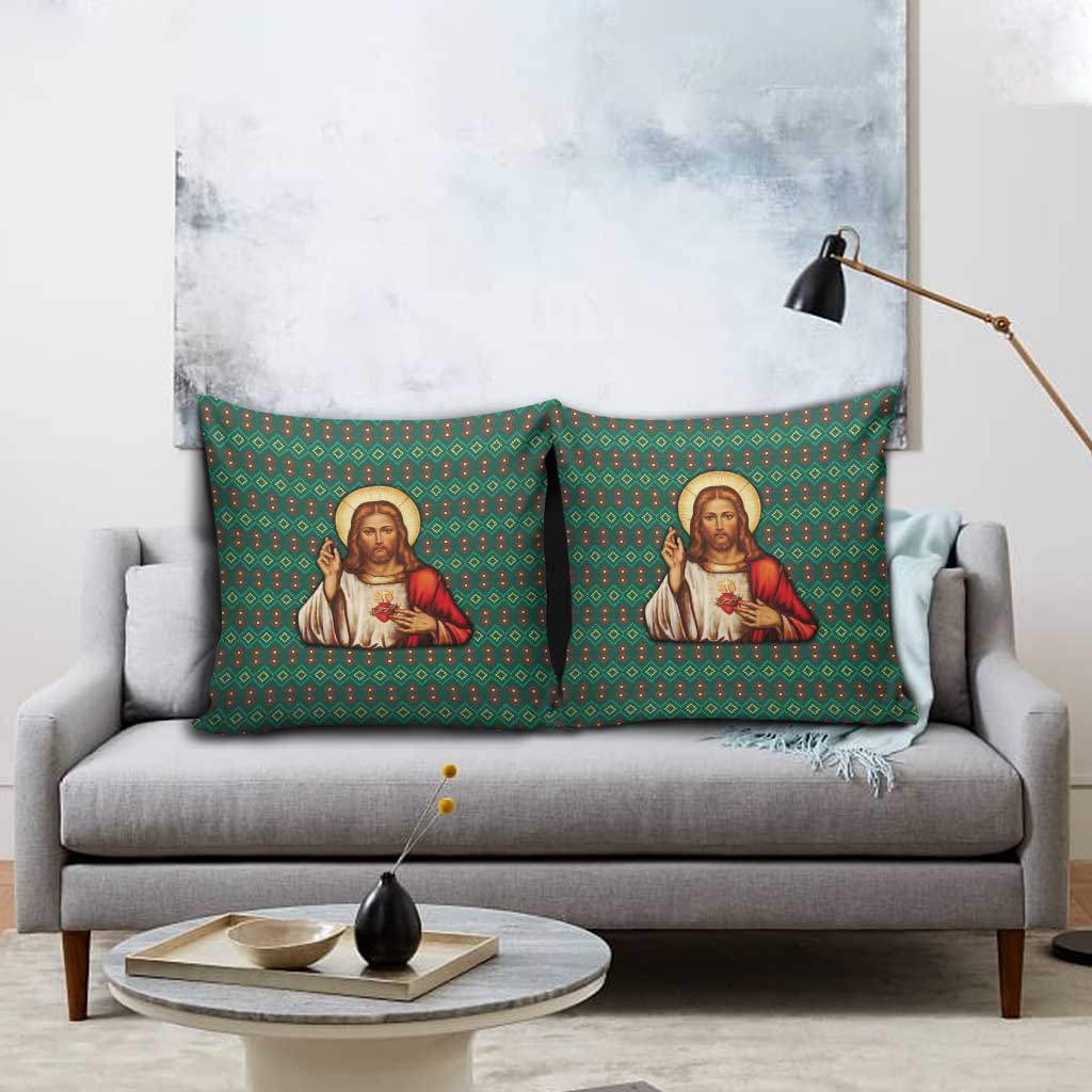 Sacred Heart Jesus Christmas Pillow Cover with Festive Green Knit Pattern - Wonder Print Shop