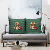 Sacred Heart Jesus Christmas Pillow Cover with Festive Green Knit Pattern - Wonder Print Shop