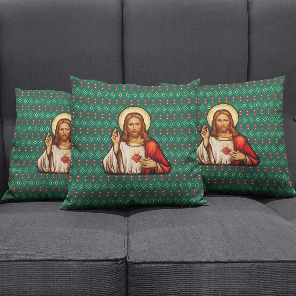 Sacred Heart Jesus Christmas Pillow Cover with Festive Green Knit Pattern - Wonder Print Shop
