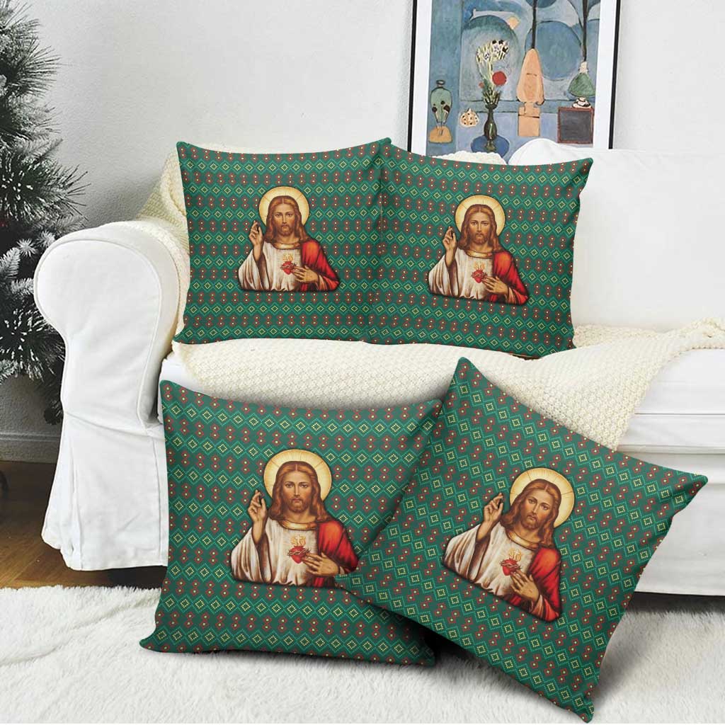 Sacred Heart Jesus Christmas Pillow Cover with Festive Green Knit Pattern - Wonder Print Shop