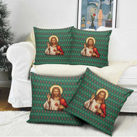 Sacred Heart Jesus Christmas Pillow Cover with Festive Green Knit Pattern - Wonder Print Shop