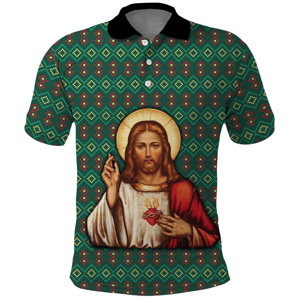 Sacred Heart Jesus Christmas Polo Shirt with Festive Green Knit Pattern - Wonder Print Shop