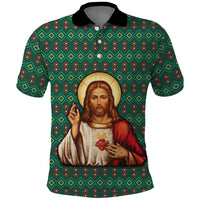 Sacred Heart Jesus Christmas Polo Shirt with Festive Green Knit Pattern - Wonder Print Shop