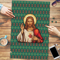 Sacred Heart Jesus Christmas Puzzle with Festive Green Knit Pattern - Wonder Print Shop