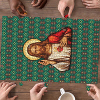 Sacred Heart Jesus Christmas Puzzle with Festive Green Knit Pattern - Wonder Print Shop