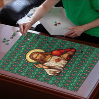 Sacred Heart Jesus Christmas Puzzle with Festive Green Knit Pattern - Wonder Print Shop