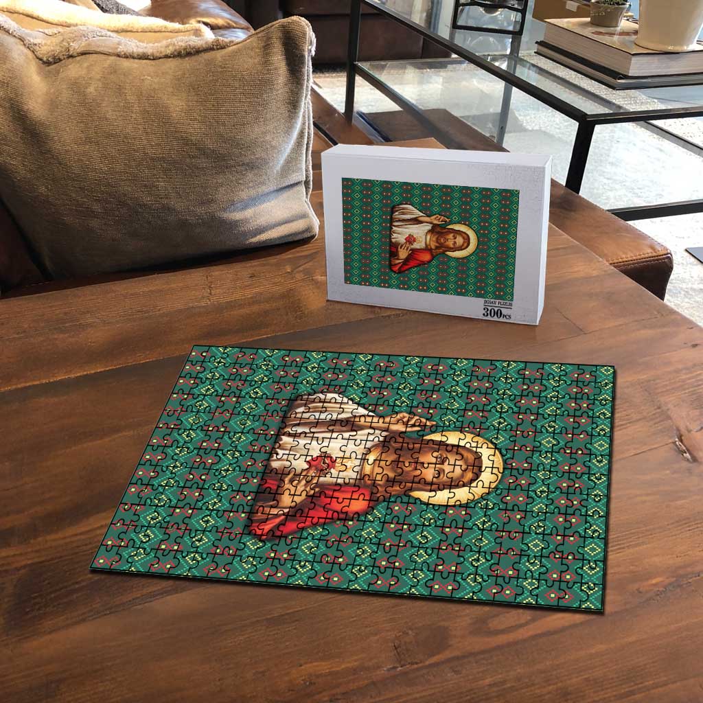 Sacred Heart Jesus Christmas Puzzle with Festive Green Knit Pattern - Wonder Print Shop