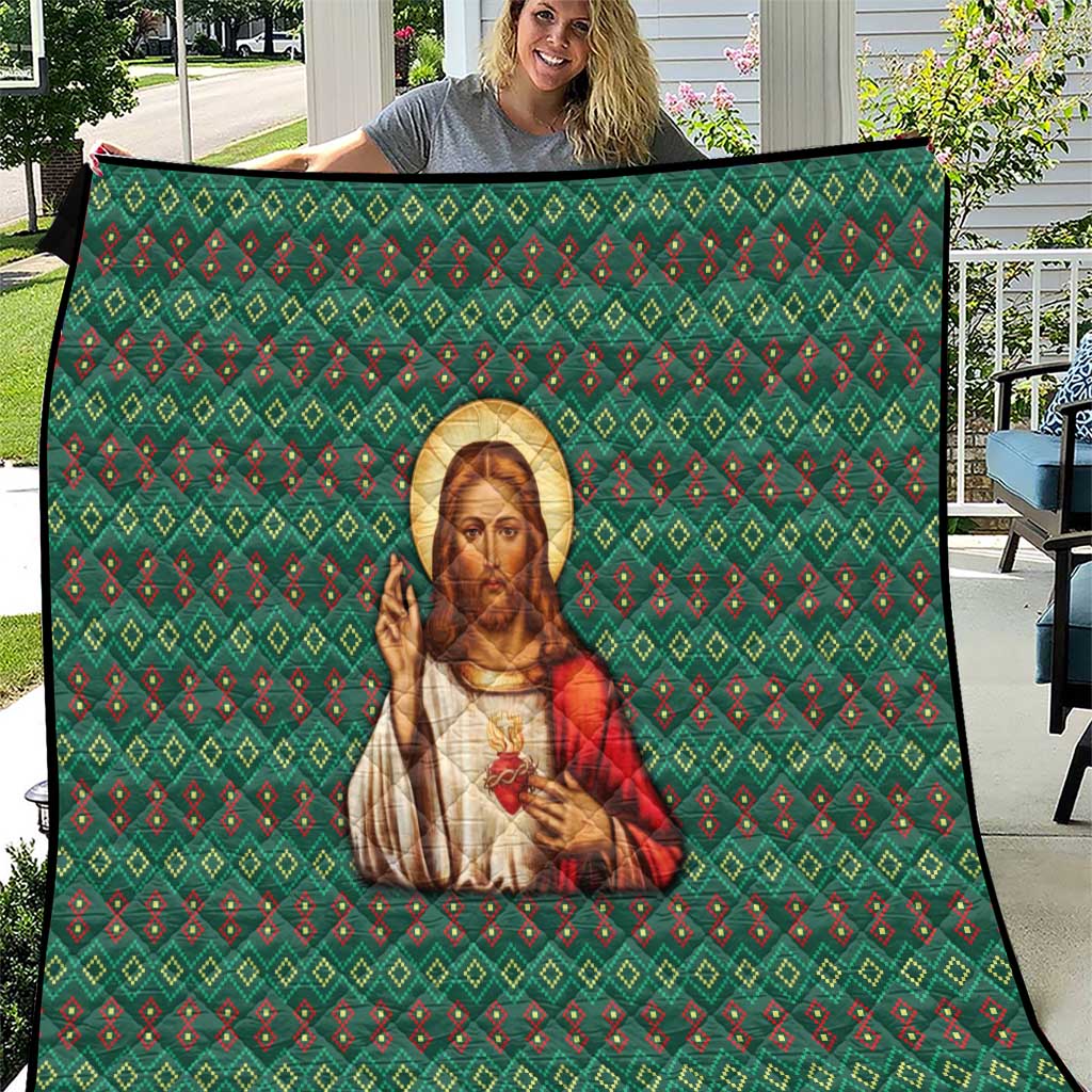 Sacred Heart Jesus Christmas Quilt with Festive Green Knit Pattern - Wonder Print Shop