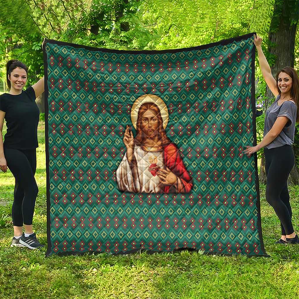 Sacred Heart Jesus Christmas Quilt with Festive Green Knit Pattern - Wonder Print Shop