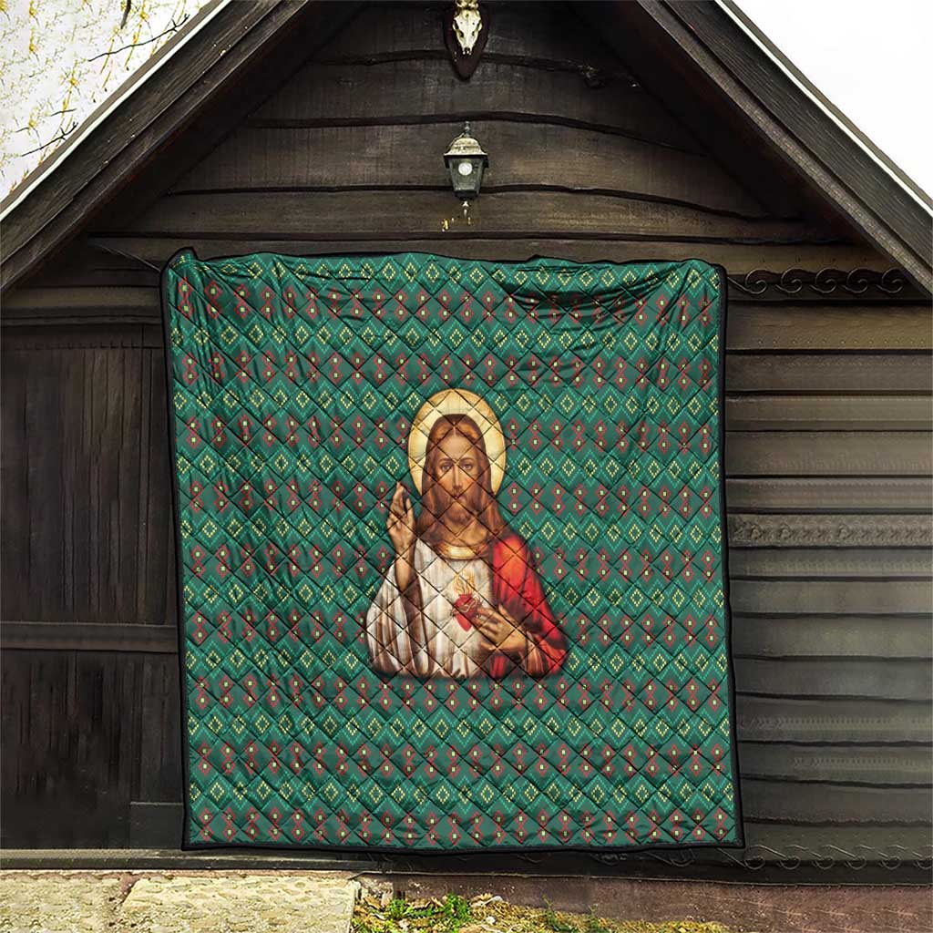 Sacred Heart Jesus Christmas Quilt with Festive Green Knit Pattern - Wonder Print Shop