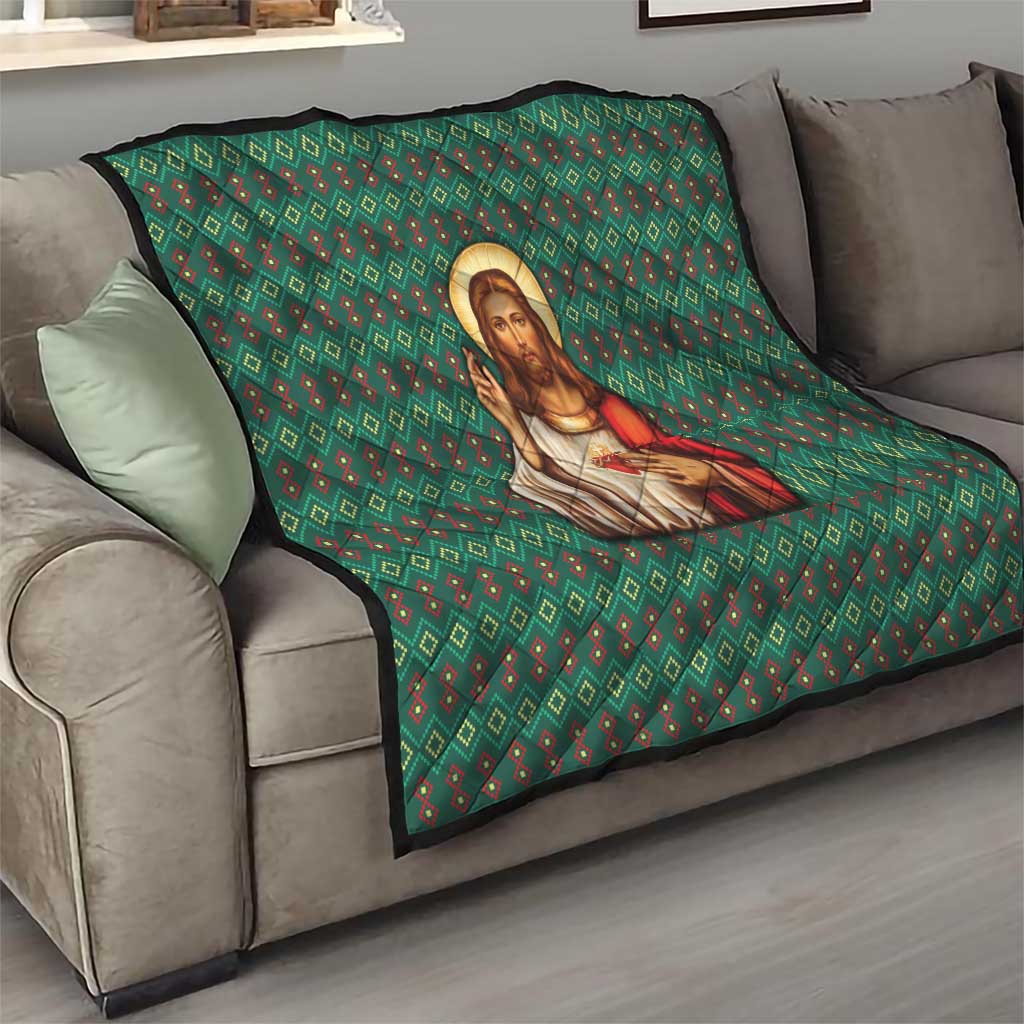 Sacred Heart Jesus Christmas Quilt with Festive Green Knit Pattern - Wonder Print Shop