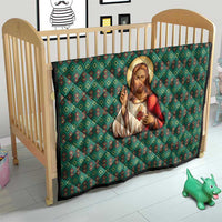 Sacred Heart Jesus Christmas Quilt with Festive Green Knit Pattern - Wonder Print Shop