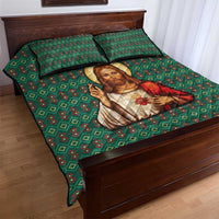 Sacred Heart Jesus Christmas Quilt Bed Set with Festive Green Knit Pattern - Wonder Print Shop