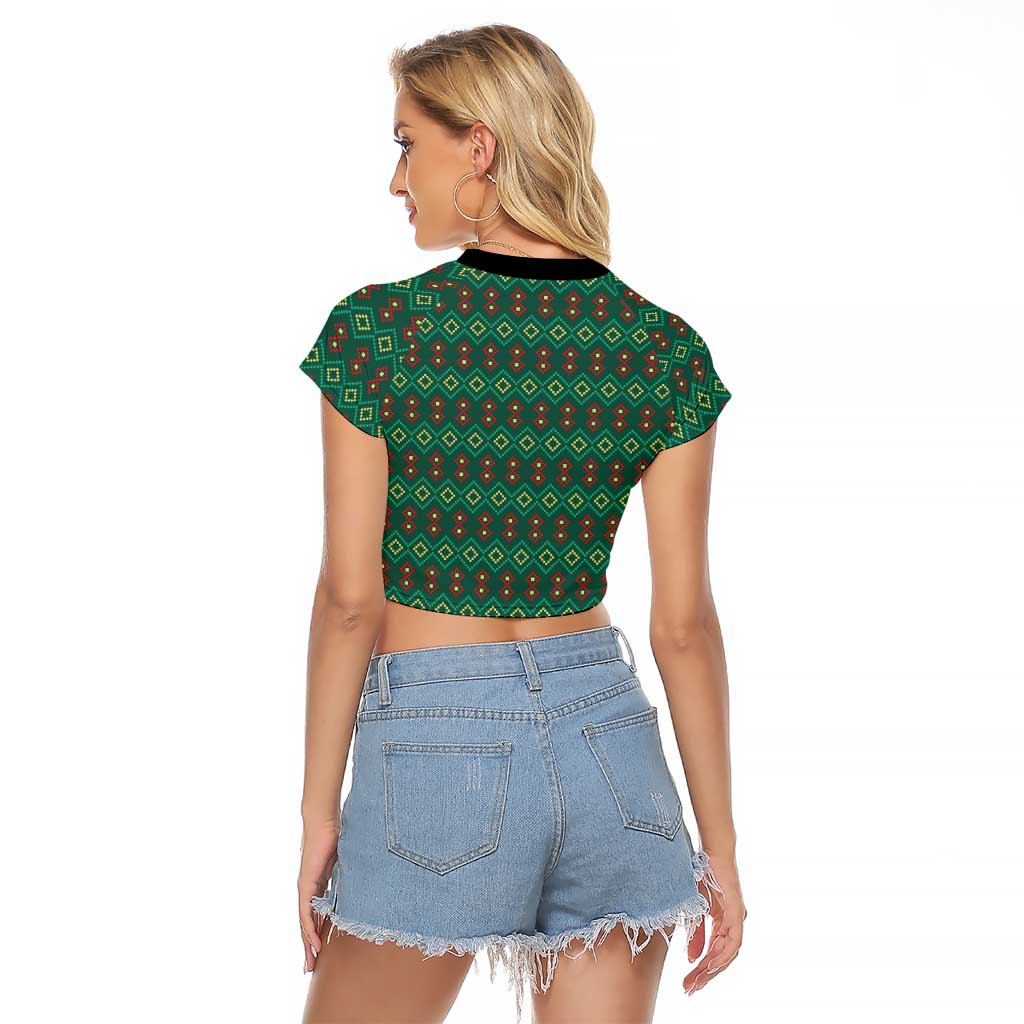 Sacred Heart Jesus Christmas Raglan Cropped T Shirt with Festive Green Knit Pattern - Wonder Print Shop