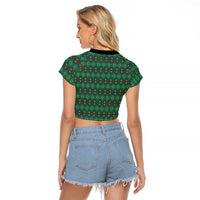 Sacred Heart Jesus Christmas Raglan Cropped T Shirt with Festive Green Knit Pattern - Wonder Print Shop