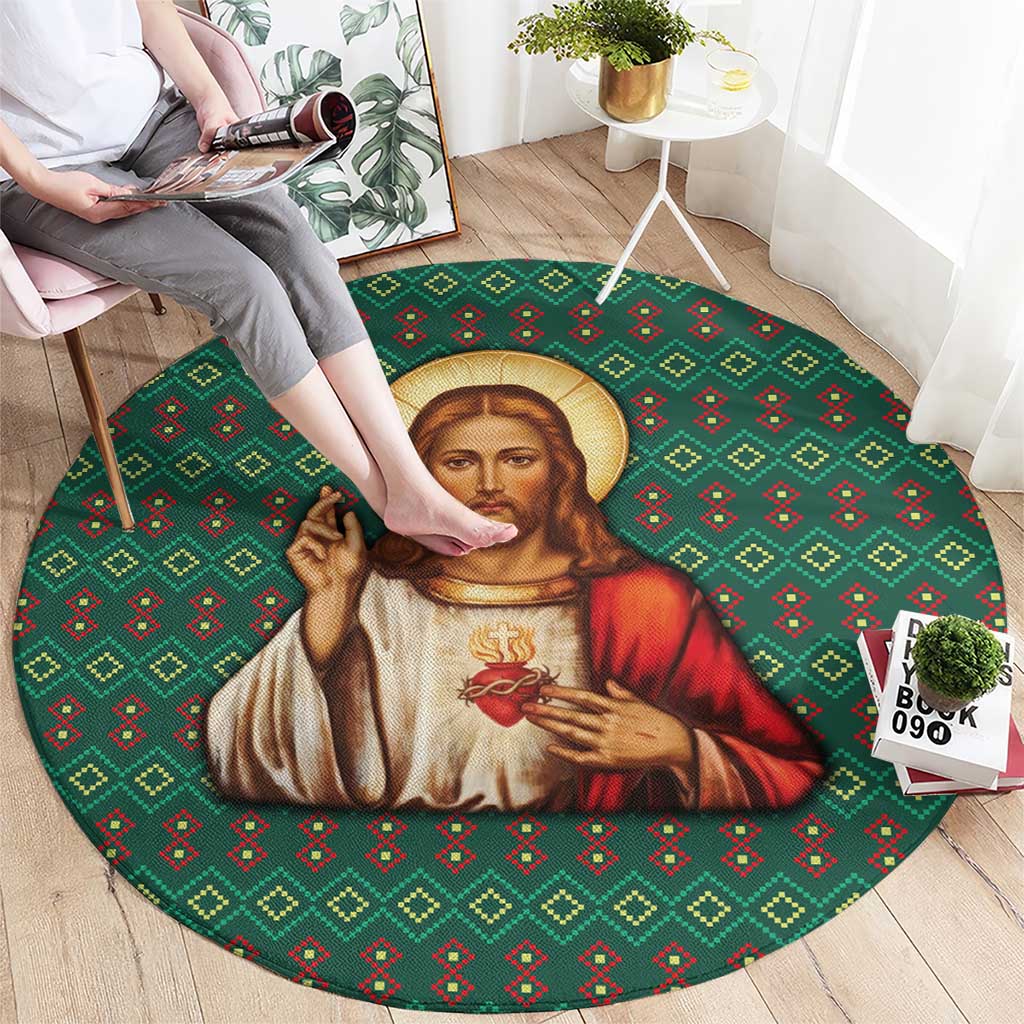 Sacred Heart Jesus Christmas Round Carpet with Festive Green Knit Pattern - Wonder Print Shop