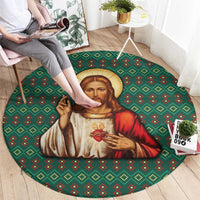 Sacred Heart Jesus Christmas Round Carpet with Festive Green Knit Pattern - Wonder Print Shop