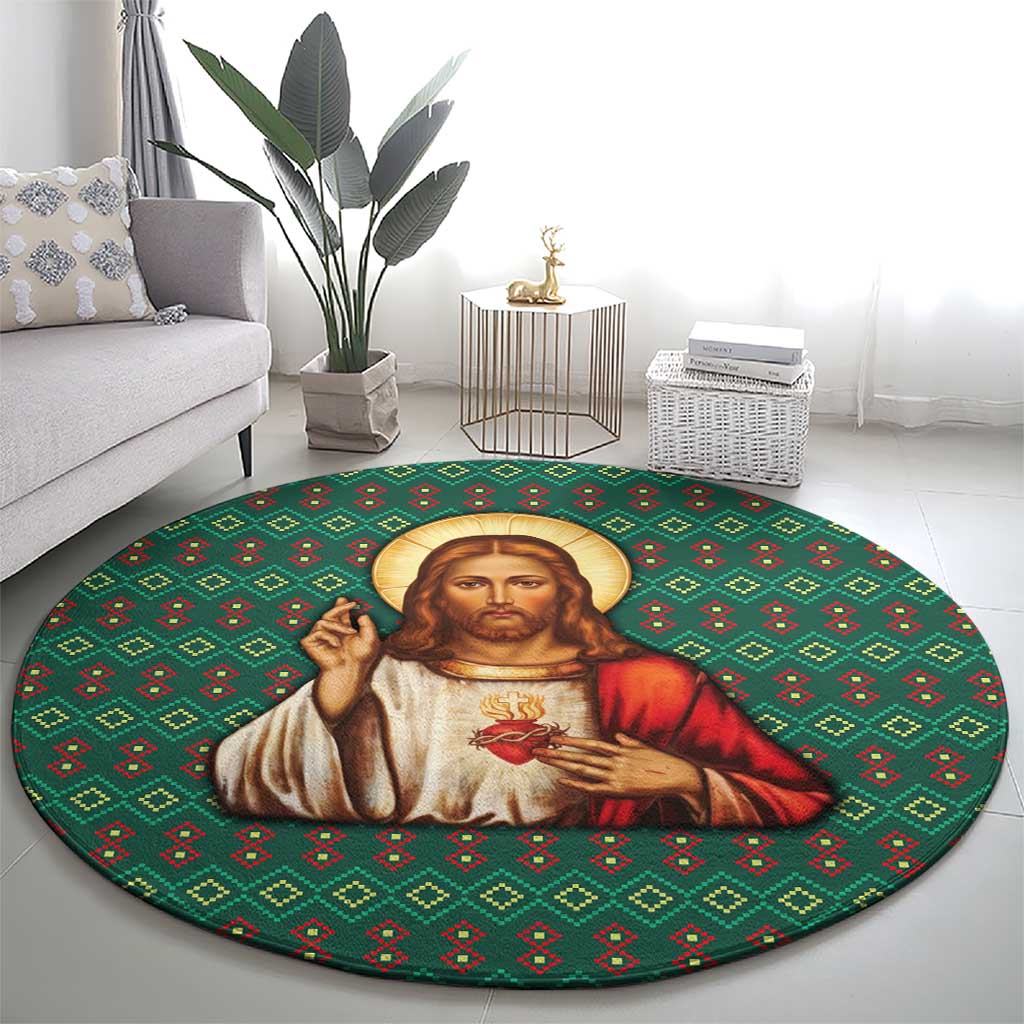 Sacred Heart Jesus Christmas Round Carpet with Festive Green Knit Pattern - Wonder Print Shop