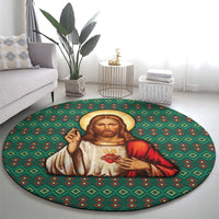 Sacred Heart Jesus Christmas Round Carpet with Festive Green Knit Pattern - Wonder Print Shop