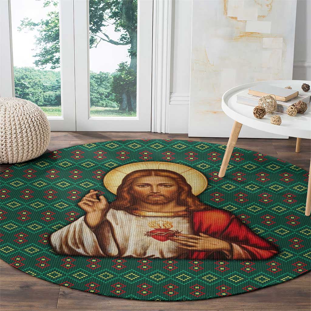 Sacred Heart Jesus Christmas Round Carpet with Festive Green Knit Pattern - Wonder Print Shop