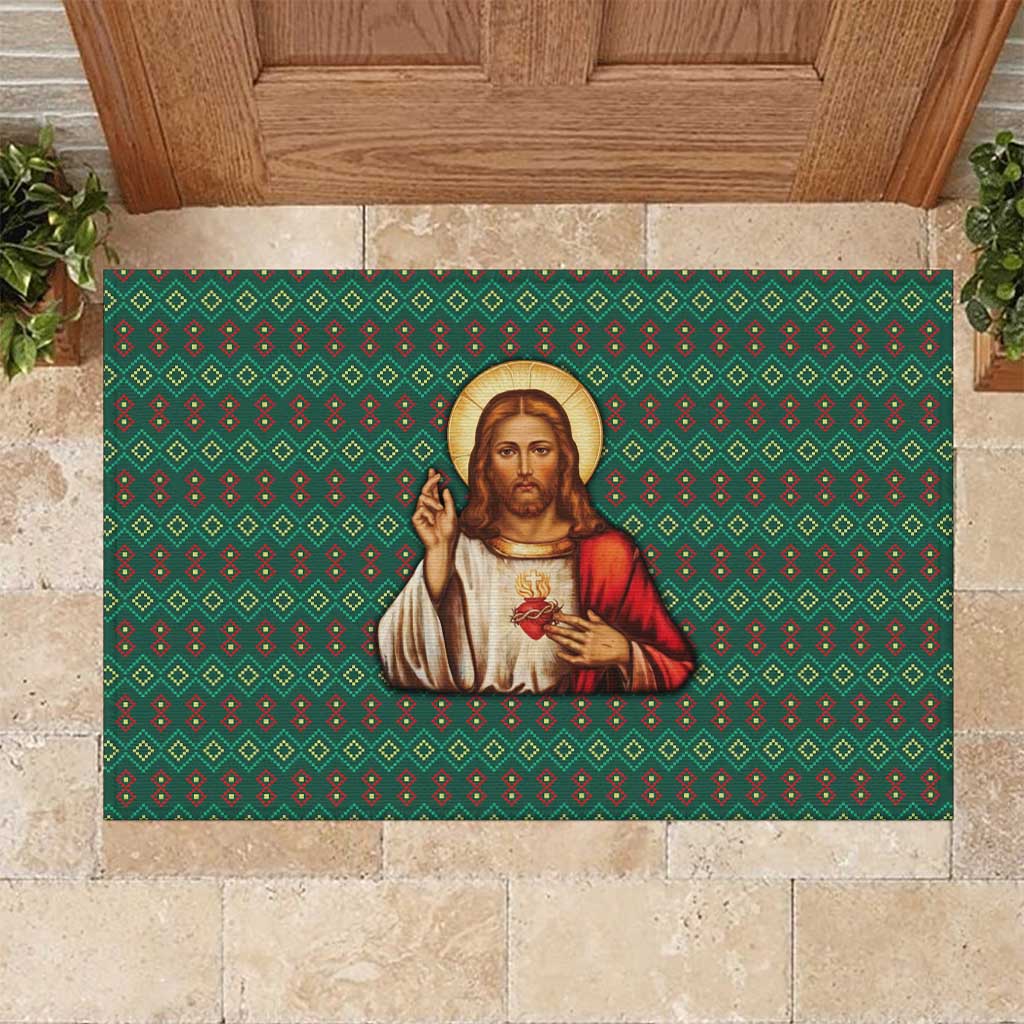 Sacred Heart Jesus Christmas Rubber Doormat with Festive Green Knit Pattern - Wonder Print Shop