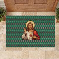 Sacred Heart Jesus Christmas Rubber Doormat with Festive Green Knit Pattern - Wonder Print Shop