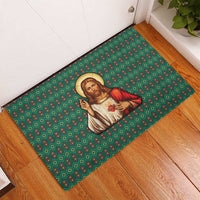 Sacred Heart Jesus Christmas Rubber Doormat with Festive Green Knit Pattern - Wonder Print Shop