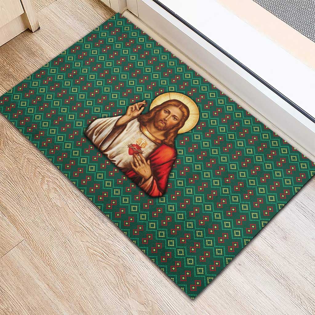 Sacred Heart Jesus Christmas Rubber Doormat with Festive Green Knit Pattern - Wonder Print Shop