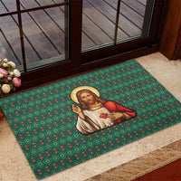 Sacred Heart Jesus Christmas Rubber Doormat with Festive Green Knit Pattern - Wonder Print Shop
