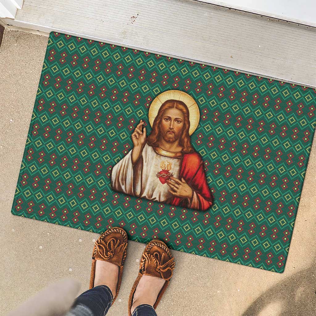 Sacred Heart Jesus Christmas Rubber Doormat with Festive Green Knit Pattern - Wonder Print Shop