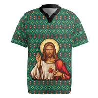 Sacred Heart Jesus Christmas Rugby Jersey with Festive Green Knit Pattern - Wonder Print Shop
