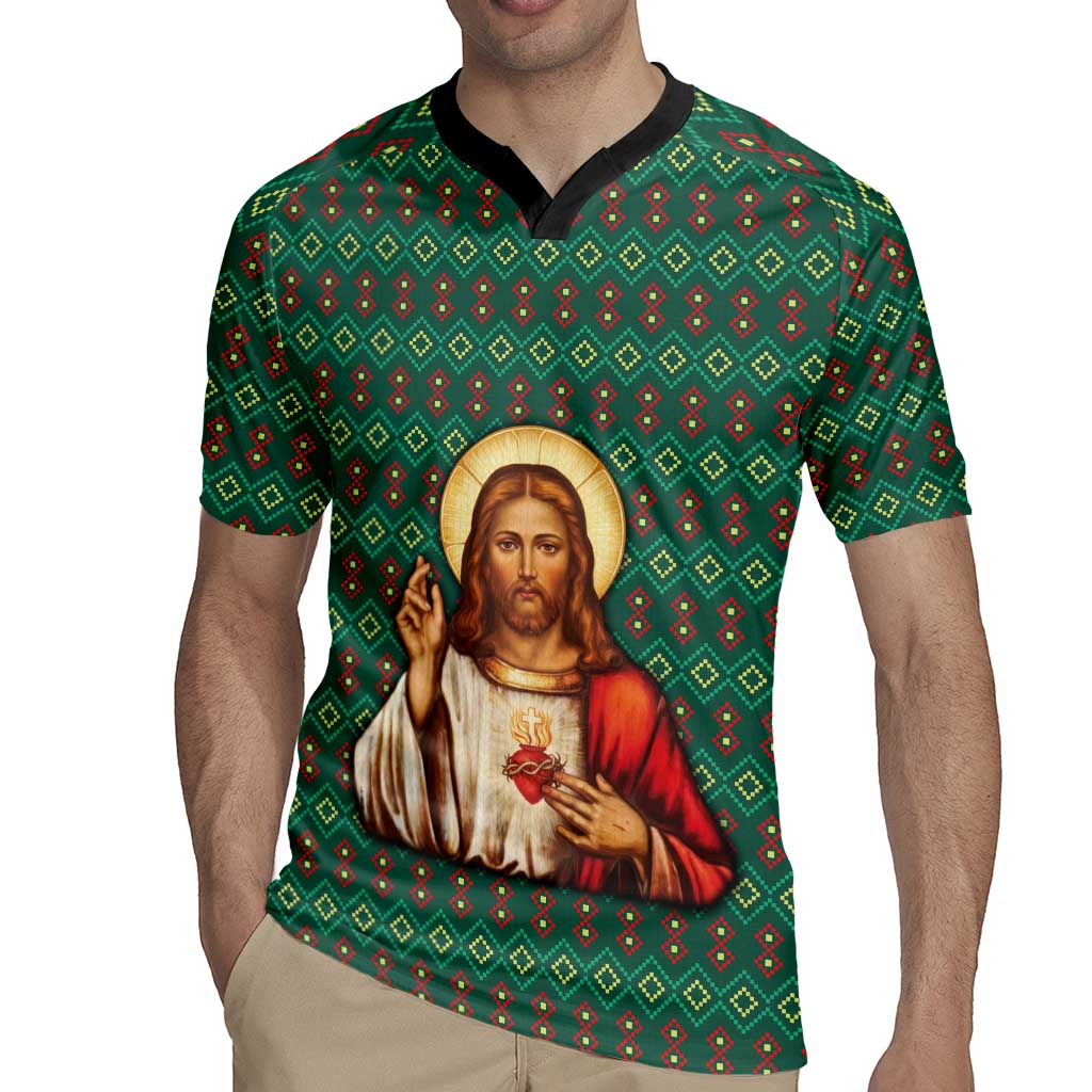 Sacred Heart Jesus Christmas Rugby Jersey with Festive Green Knit Pattern - Wonder Print Shop