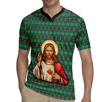 Sacred Heart Jesus Christmas Rugby Jersey with Festive Green Knit Pattern - Wonder Print Shop