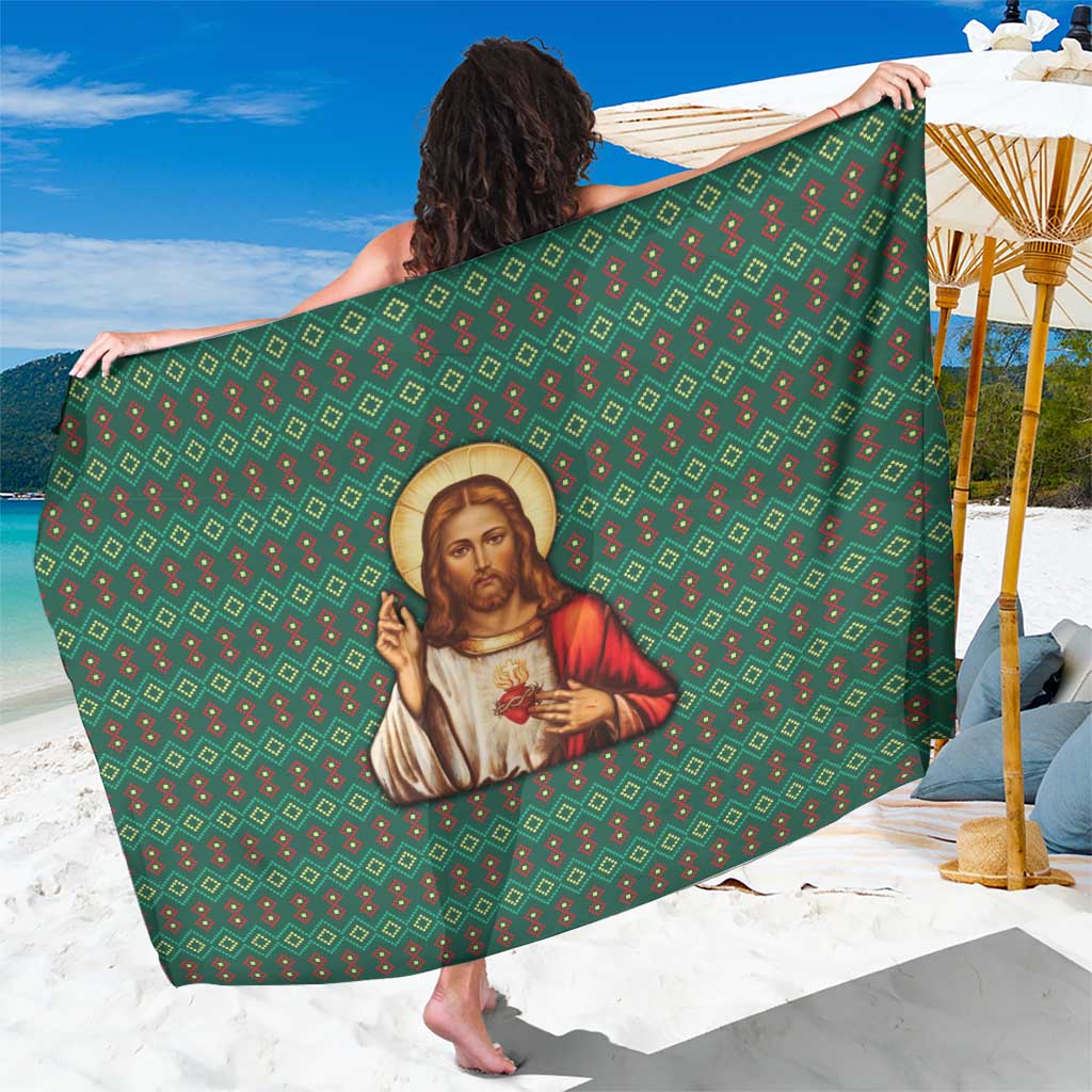 Sacred Heart Jesus Christmas Sarong with Festive Green Knit Pattern - Wonder Print Shop