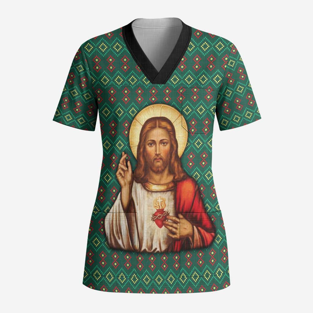 Sacred Heart Jesus Christmas Scrub Top with Festive Green Knit Pattern - Wonder Print Shop