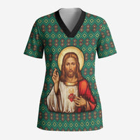 Sacred Heart Jesus Christmas Scrub Top with Festive Green Knit Pattern - Wonder Print Shop