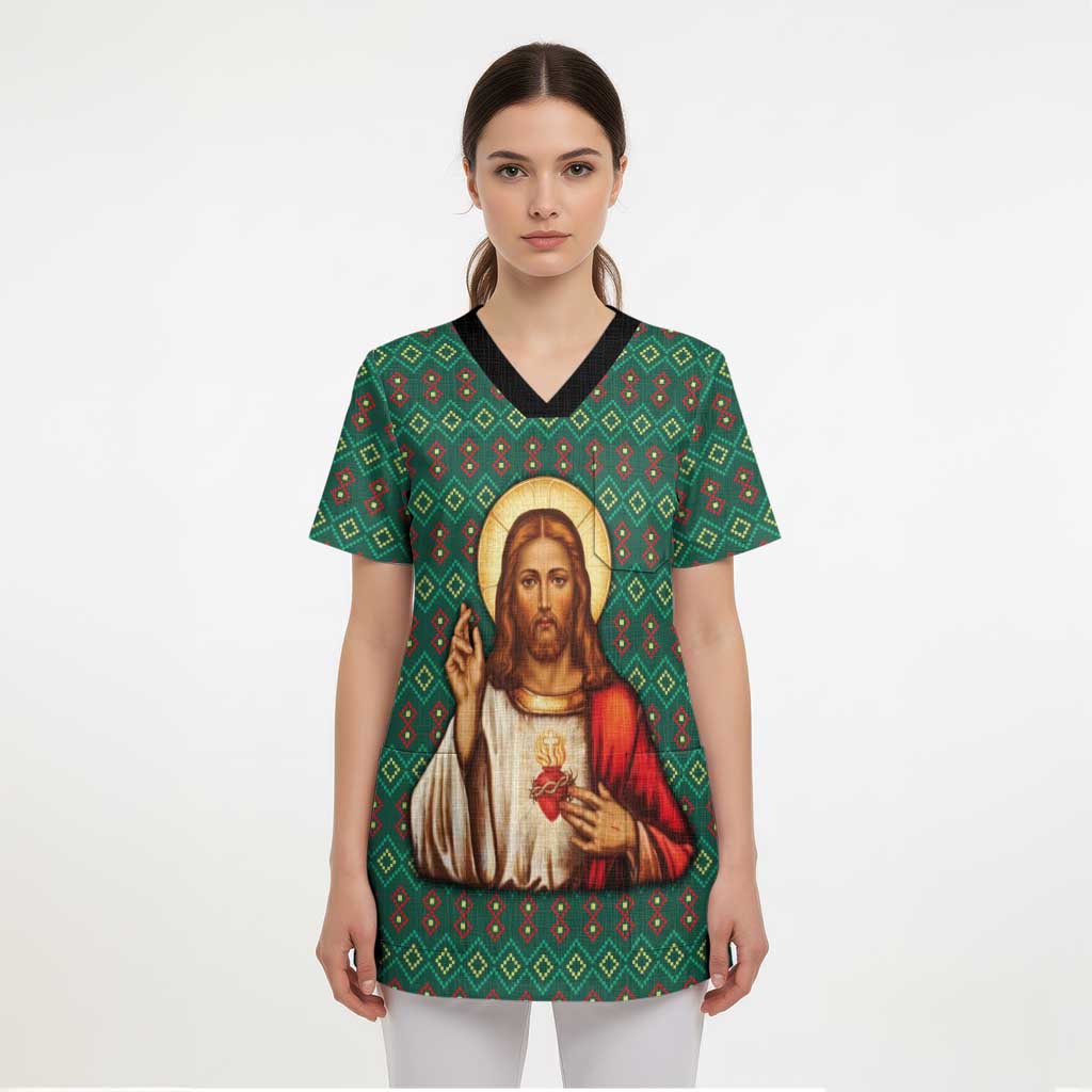 Sacred Heart Jesus Christmas Scrub Top with Festive Green Knit Pattern - Wonder Print Shop
