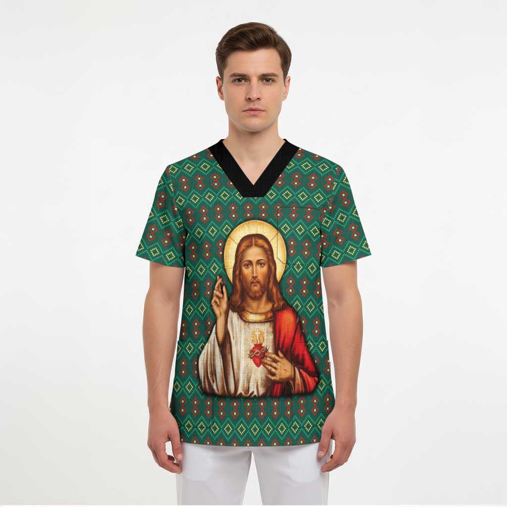 Sacred Heart Jesus Christmas Scrub Top with Festive Green Knit Pattern - Wonder Print Shop