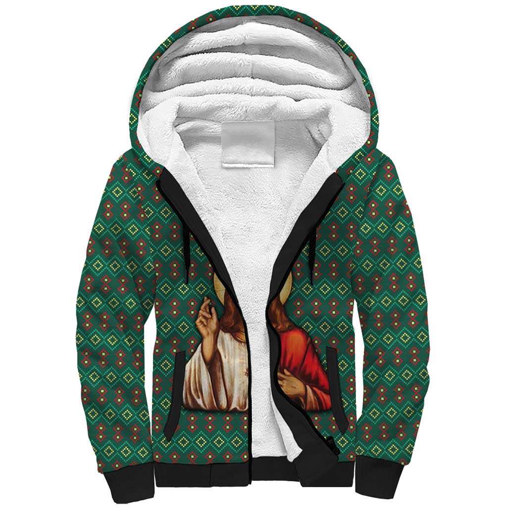 Sacred Heart Jesus Christmas Sherpa Hoodie with Festive Green Knit Pattern - Wonder Print Shop
