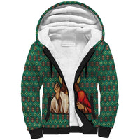 Sacred Heart Jesus Christmas Sherpa Hoodie with Festive Green Knit Pattern - Wonder Print Shop
