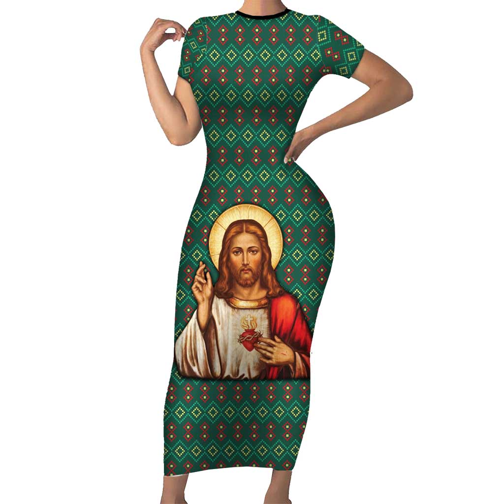 Sacred Heart Jesus Christmas Short Sleeve Bodycon Dress with Festive Green Knit Pattern - Wonder Print Shop