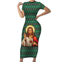 Sacred Heart Jesus Christmas Short Sleeve Bodycon Dress with Festive Green Knit Pattern - Wonder Print Shop