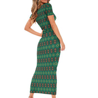 Sacred Heart Jesus Christmas Short Sleeve Bodycon Dress with Festive Green Knit Pattern - Wonder Print Shop